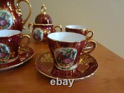 VTG New Ys Iridescent Victorian Porcelain Burgundy Gold Coffee Set 17 pieces