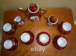 VTG New Ys Iridescent Victorian Porcelain Burgundy Gold Coffee Set 17 pieces