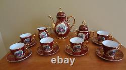 VTG New Ys Iridescent Victorian Porcelain Burgundy Gold Coffee Set 17 pieces