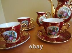 VTG New Ys Iridescent Victorian Porcelain Burgundy Gold Coffee Set 17 pieces
