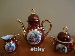 VTG New Ys Iridescent Victorian Porcelain Burgundy Gold Coffee Set 17 pieces