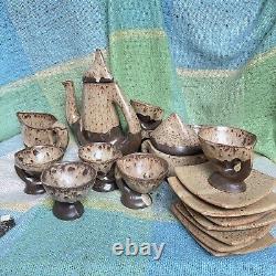 Vallauris Pottery Coffee Set Vintage Organic Wood Drip glaze Brown 20 Pc Mint
