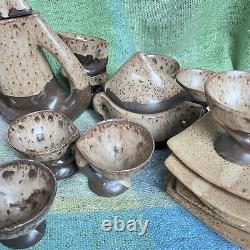 Vallauris Pottery Coffee Set Vintage Organic Wood Drip glaze Brown 20 Pc Mint
