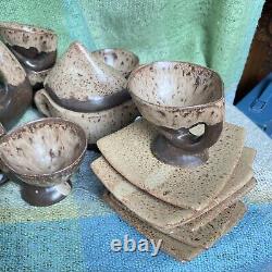 Vallauris Pottery Coffee Set Vintage Organic Wood Drip glaze Brown 20 Pc Mint