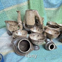 Vallauris Pottery Coffee Set Vintage Organic Wood Drip glaze Brown 20 Pc Mint