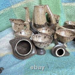 Vallauris Pottery Coffee Set Vintage Organic Wood Drip glaze Brown 20 Pc Mint