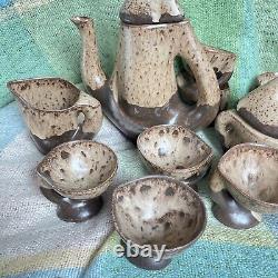 Vallauris Pottery Coffee Set Vintage Organic Wood Drip glaze Brown 20 Pc Mint