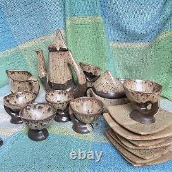 Vallauris Pottery Coffee Set Vintage Organic Wood Drip glaze Brown 20 Pc Mint