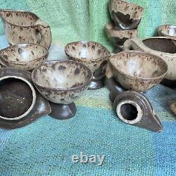 Vallauris Pottery Coffee Set Vintage Organic Wood Drip glaze Brown 20 Pc Mint