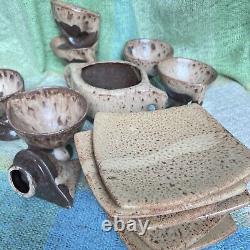 Vallauris Pottery Coffee Set Vintage Organic Wood Drip glaze Brown 20 Pc Mint