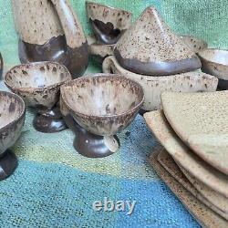 Vallauris Pottery Coffee Set Vintage Organic Wood Drip glaze Brown 20 Pc Mint