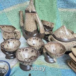 Vallauris Pottery Coffee Set Vintage Organic Wood Drip glaze Brown 20 Pc Mint