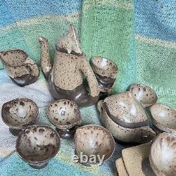 Vallauris Pottery Coffee Set Vintage Organic Wood Drip glaze Brown 20 Pc Mint