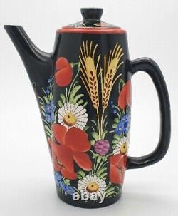 Vintage 1930's Chodovia Slovakian Coffee Set Floral Black Pot Cups Porcelain