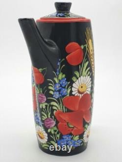 Vintage 1930's Chodovia Slovakian Coffee Set Floral Black Pot Cups Porcelain