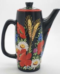 Vintage 1930's Chodovia Slovakian Coffee Set Floral Black Pot Cups Porcelain