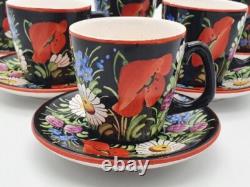 Vintage 1930's Chodovia Slovakian Coffee Set Floral Black Pot Cups Porcelain