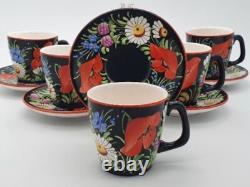 Vintage 1930's Chodovia Slovakian Coffee Set Floral Black Pot Cups Porcelain