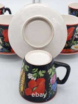 Vintage 1930's Chodovia Slovakian Coffee Set Floral Black Pot Cups Porcelain
