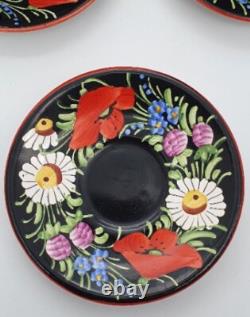 Vintage 1930's Chodovia Slovakian Coffee Set Floral Black Pot Cups Porcelain