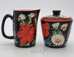 Vintage 1930's Chodovia Slovakian Coffee Set Floral Black Pot Cups Porcelain