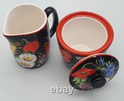 Vintage 1930's Chodovia Slovakian Coffee Set Floral Black Pot Cups Porcelain