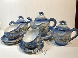 Vintage 1940s Japanese Dragon Ware Moriage Powder Blue Porcelain Tea Coffee Set