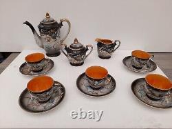 Vintage 1950s Hand Painted Japanese Dragon Design 13Piece Tea Set Orange Black