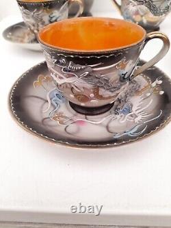 Vintage 1950s Hand Painted Japanese Dragon Design 13Piece Tea Set Orange Black