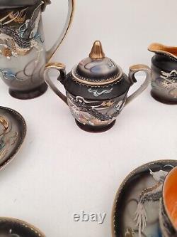 Vintage 1950s Hand Painted Japanese Dragon Design 13Piece Tea Set Orange Black