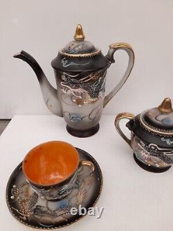 Vintage 1950s Hand Painted Japanese Dragon Design 13Piece Tea Set Orange Black