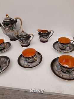 Vintage 1950s Hand Painted Japanese Dragon Design 13Piece Tea Set Orange Black