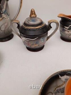 Vintage 1950s Hand Painted Japanese Dragon Design 13Piece Tea Set Orange Black