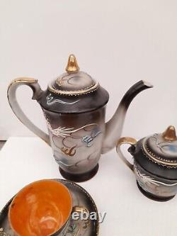 Vintage 1950s Hand Painted Japanese Dragon Design 13Piece Tea Set Orange Black