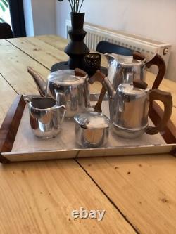 Vintage 1950s Picquot Ware Magnalium Metal 5 Piece Tea Coffee Set with Tray