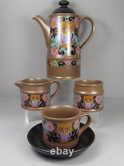 Vintage 1970's Sadler Owl Folk Art Coffee Set Coffee Pot Milk Sugar Cups Saucers