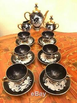 Vintage 6 cups 6 Saucer Pot Milk Italian Handmade Ceramic Black Coffee Set
