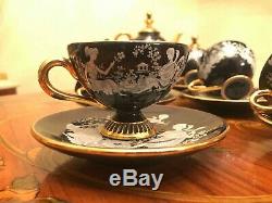 Vintage 6 cups 6 Saucer Pot Milk Italian Handmade Ceramic Black Coffee Set
