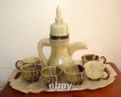 Vintage 7 Pc ONYX GEMSTONE Coffee Teapot with Six Cups