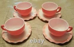 Vintage 8pc Hazel Atlas Crinoline Pinkwhite Ruffle Milk Glass Coffee Tea Set