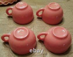 Vintage 8pc Hazel Atlas Crinoline Pinkwhite Ruffle Milk Glass Coffee Tea Set