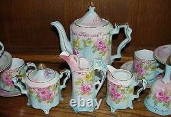 Vintage Antique Style 19 Pc. Rs Porcelain Pink Roses Chocolate Coffee Set