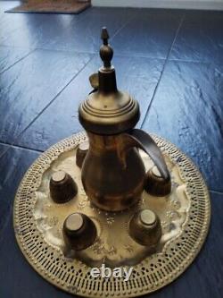 Vintage Arabic Dallah Middle Eastern Brass Etched Coffee Pot 30cm Set Cups Tray