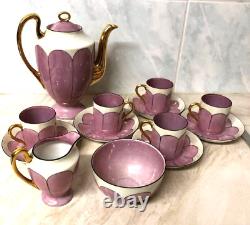 Vintage Art Deco Pink and Gold Coffee Set Pot Cups Saucers Sugar Bowl Cream Jug