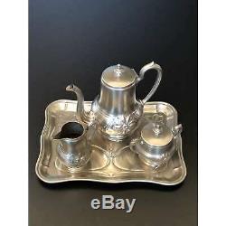 Vintage Art Nouveau tea coffee set with tray of nickel, teapot, sugar creamer