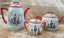 Vintage Asian Hand Painted Porcelain Tea & Coffee Set Japan Geisha Set of 21