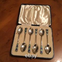 Vintage Boxed set of 6 Silver & Enamel Tea or Coffee Spoons by Turner & Simpson