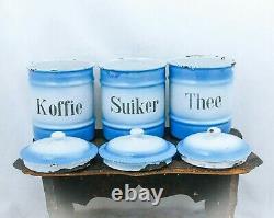 Vintage CANISTER SET Enamelware Coffee Sugar Tea Blue White Dutch Enamel Jars