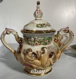 Vintage Capodimonte Coffee Set Sugar Bowl, Cups With Saucers