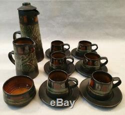 Vintage Celtic Pottery Newlyn Cornwall Medallion Coffee Set for Six 1960s 1970s